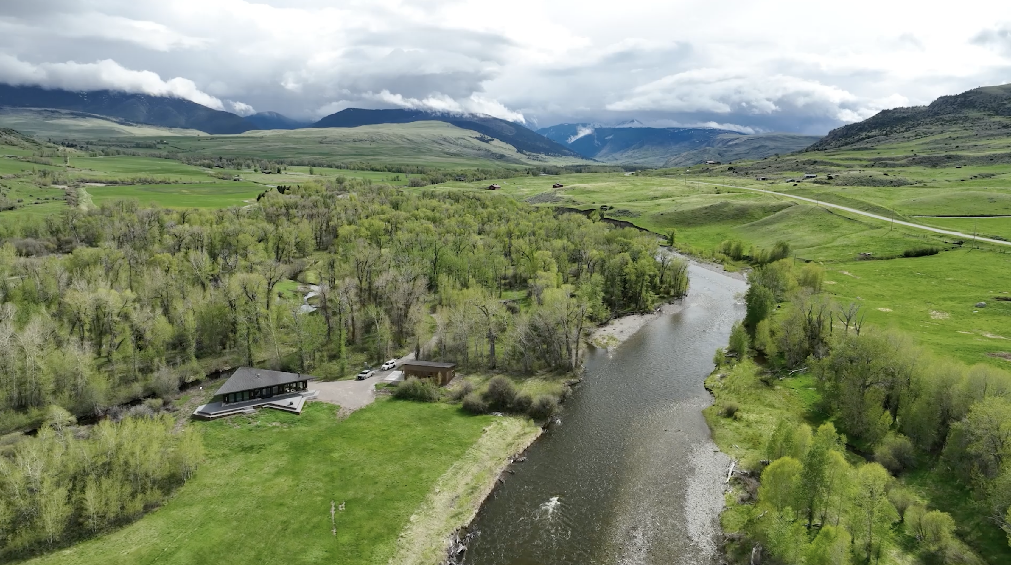 River bend aerial — Six Meadows Ranch, Montana